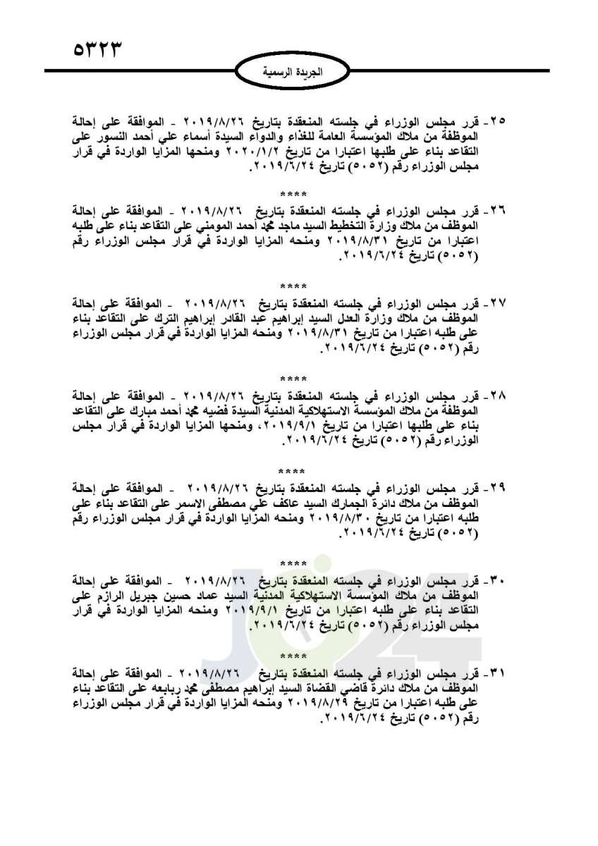 احالات الى التقاعد وانهاء خدمات لموظفين في مختلف الوزارات - اسماء