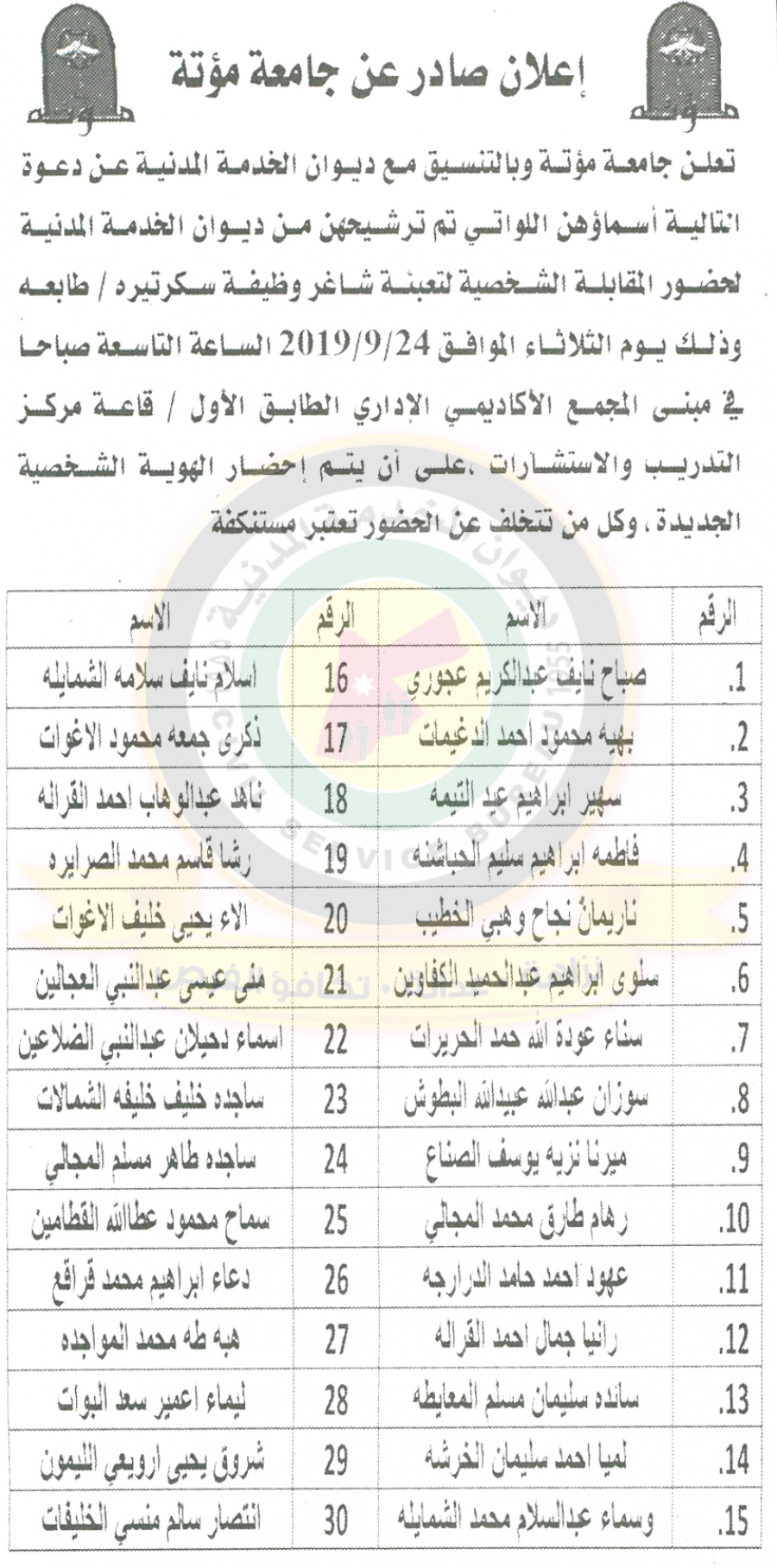 اعلان هام صادر عن ديوان الخدمة المدنية لتعيين موظفين - أسماء