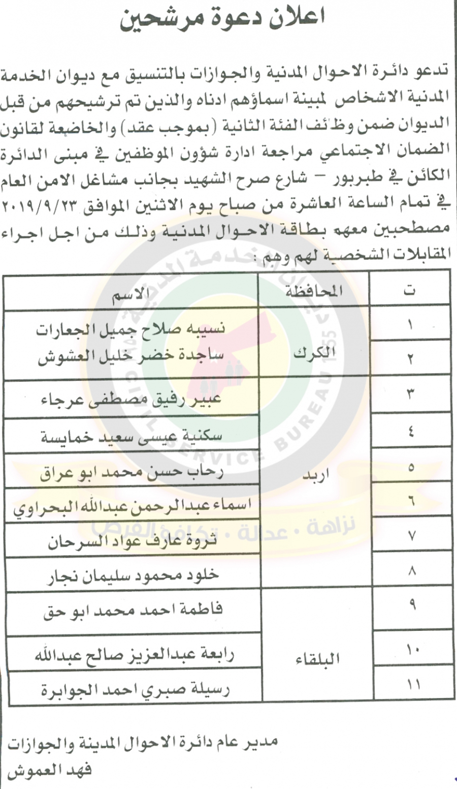 اعلان هام صادر عن ديوان الخدمة المدنية لتعيين موظفين - أسماء