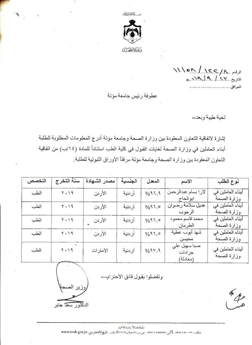 أسماء المقبولين في مقاعد الطب المخصصة لأبناء العاملين في وزارة الصحة 