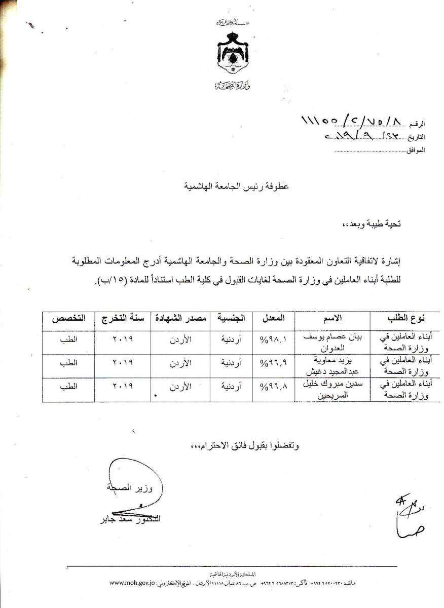 أسماء المقبولين في مقاعد الطب المخصصة لأبناء العاملين في وزارة الصحة 