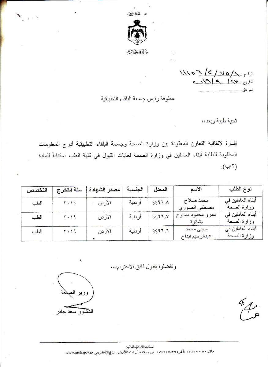 أسماء المقبولين في مقاعد الطب المخصصة لأبناء العاملين في وزارة الصحة 