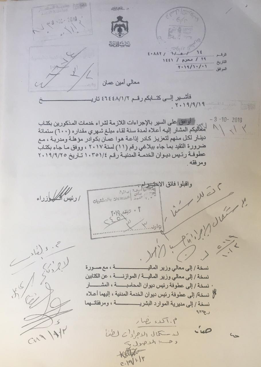 الرزاز يوافق على تعيين (6) أشخاص بعقود شراء خدمات في اذاعة امانة عمان - وثائق