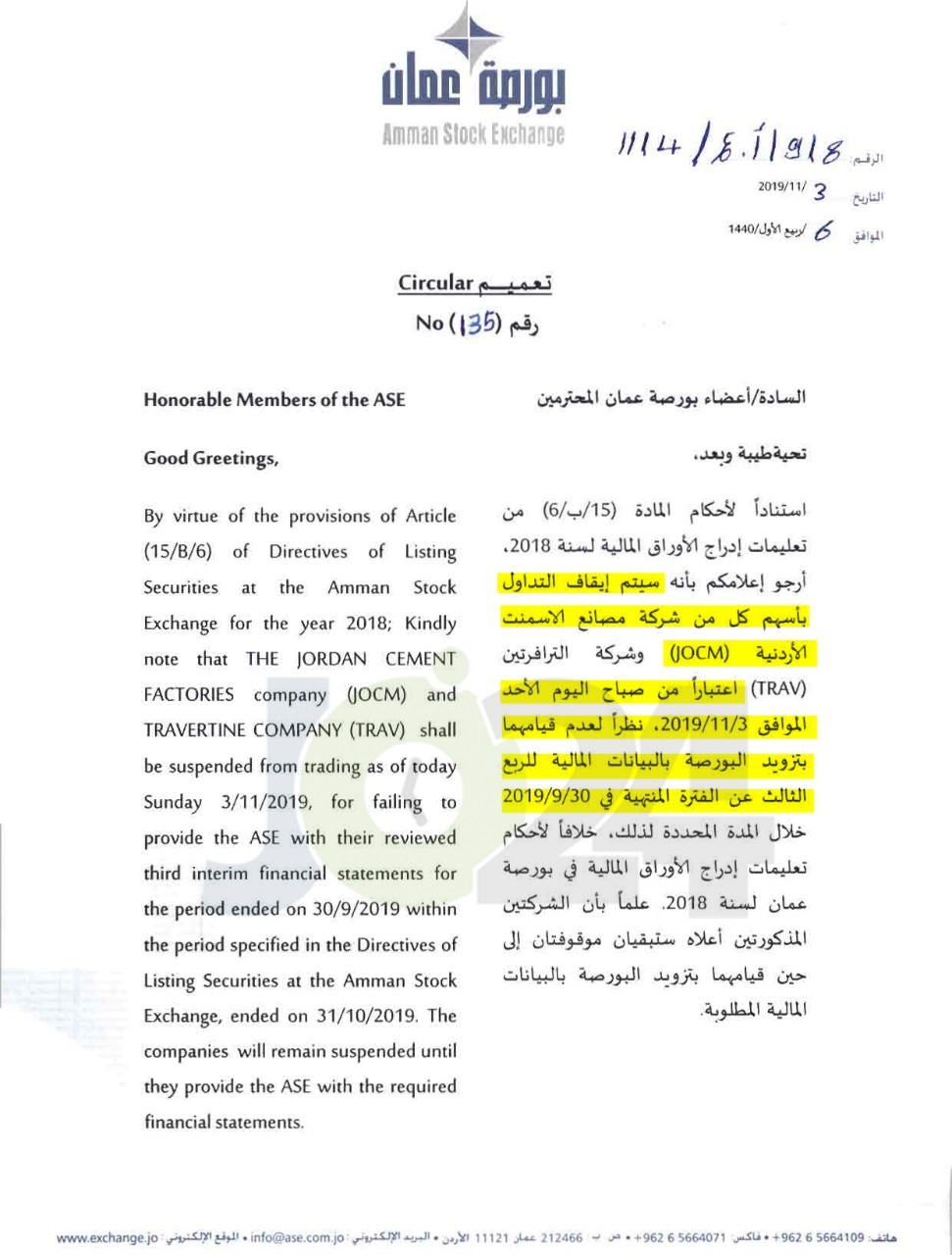 لافارج تواجه شبح التصفية الإجبارية: إيقاف التداول بأسهم الشركة في بورصة عمان