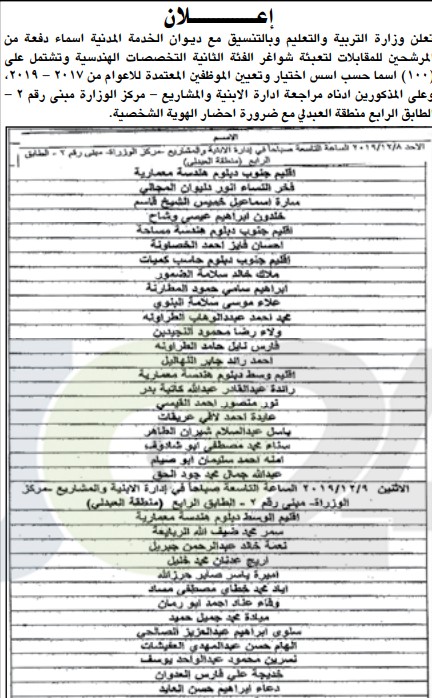 التربية تدعو مرشحين للتعيين لإجراء المقابلات الشخصية - اسماء