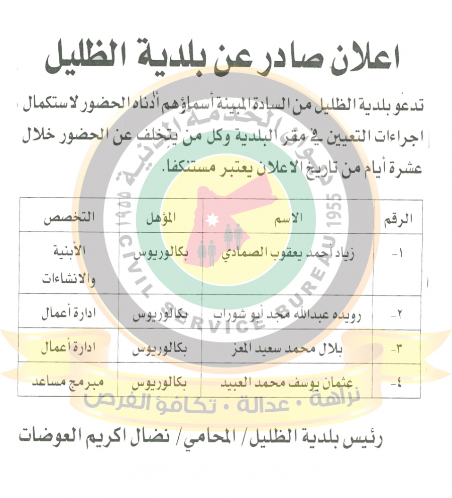 اعلان هام صادر عن ديوان الخدمة المدنية لتعيين موظفين - أسماء