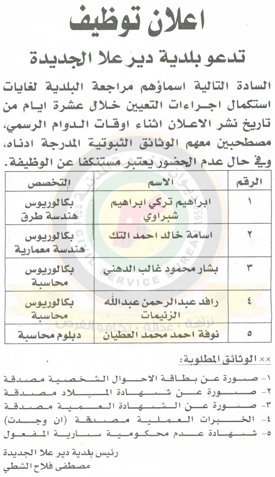 إعلان صادر عن بلدية دير علا لاستكمال إجراءات التعيين