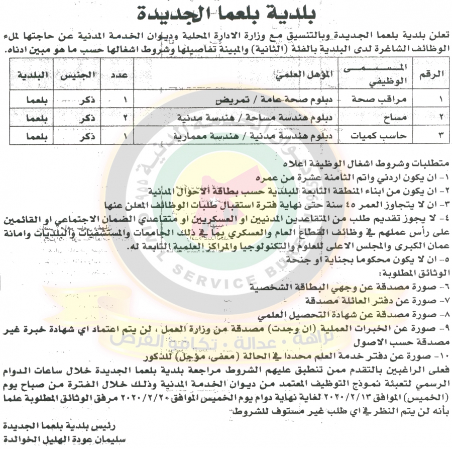 اعلان لغايات ملء وظائف بالفئة الثانية صادر عن بلدية بلعما الجديدة