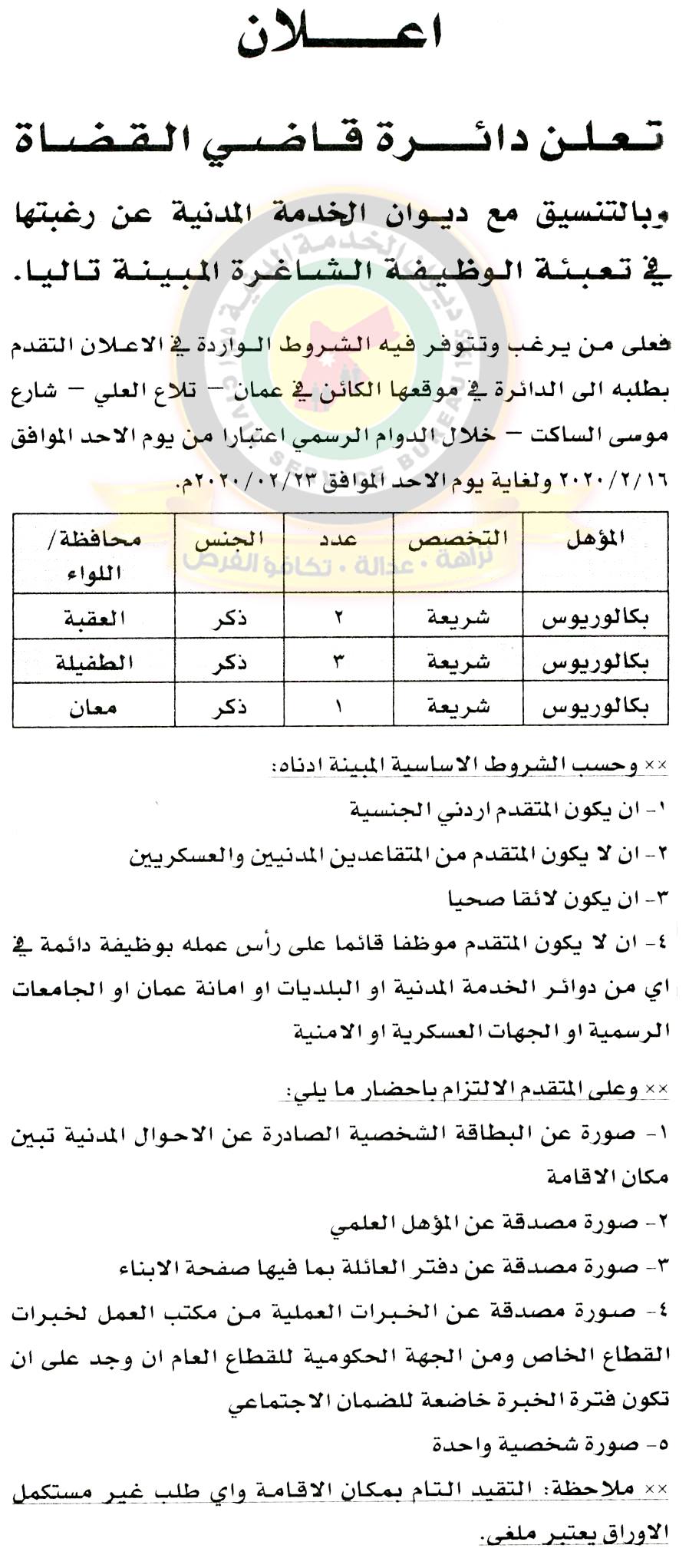 وظائف شاغرة لدى دائرة قاضي القضاة