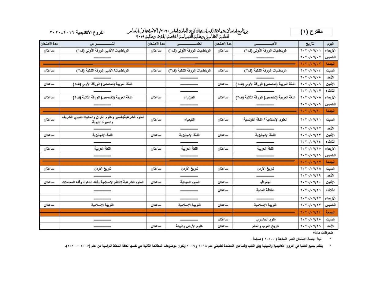 التربية تعلن جداول امتحانات التوجيهي المقترحة وتطرحها للتصويت - رابط