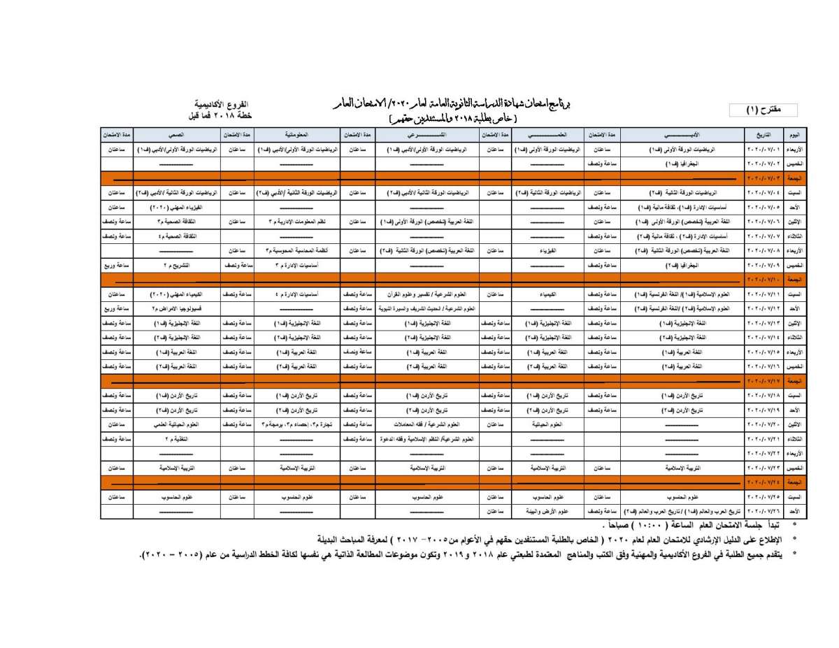 التربية تعلن جداول امتحانات التوجيهي المقترحة وتطرحها للتصويت - رابط