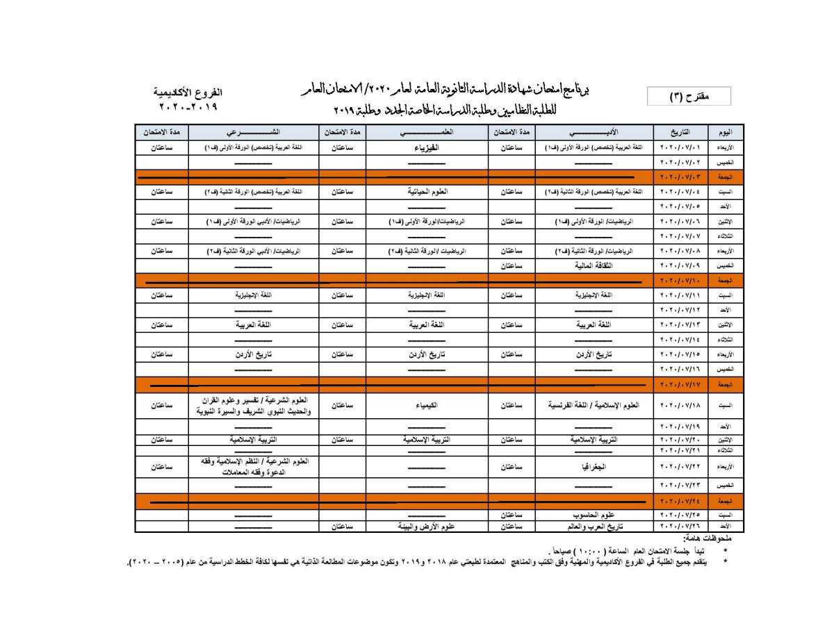 التربية تعلن جداول امتحانات التوجيهي المقترحة وتطرحها للتصويت - رابط