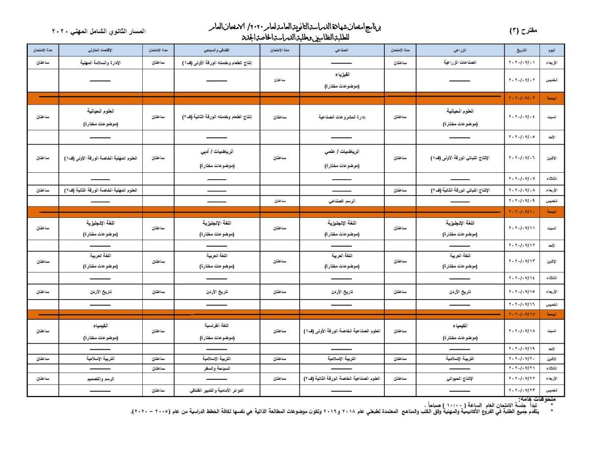 التربية تعلن جداول امتحانات التوجيهي المقترحة وتطرحها للتصويت - رابط