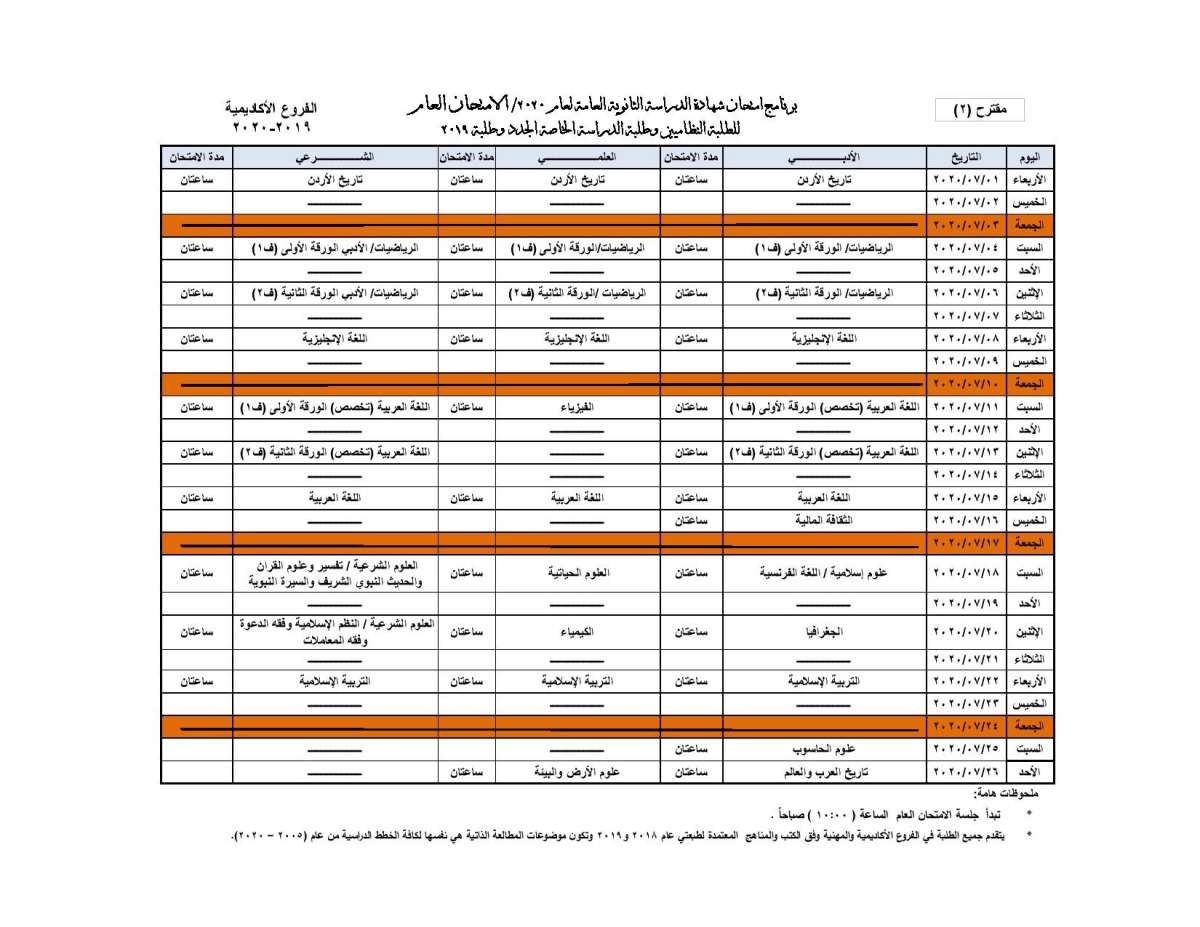 التربية تعلن جداول امتحانات التوجيهي المقترحة وتطرحها للتصويت - رابط