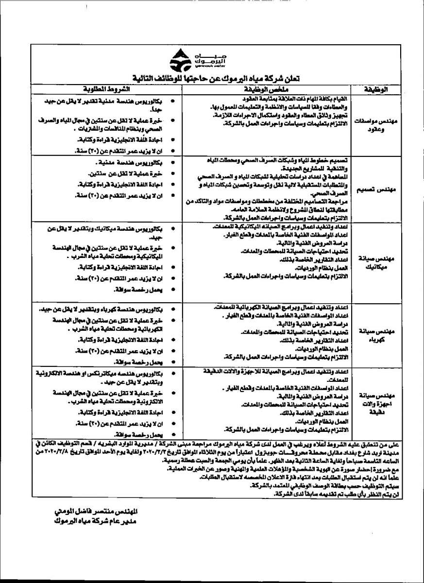 وظائف شاغرة لدى شركة مياه اليرموك في مختلف التخصصات