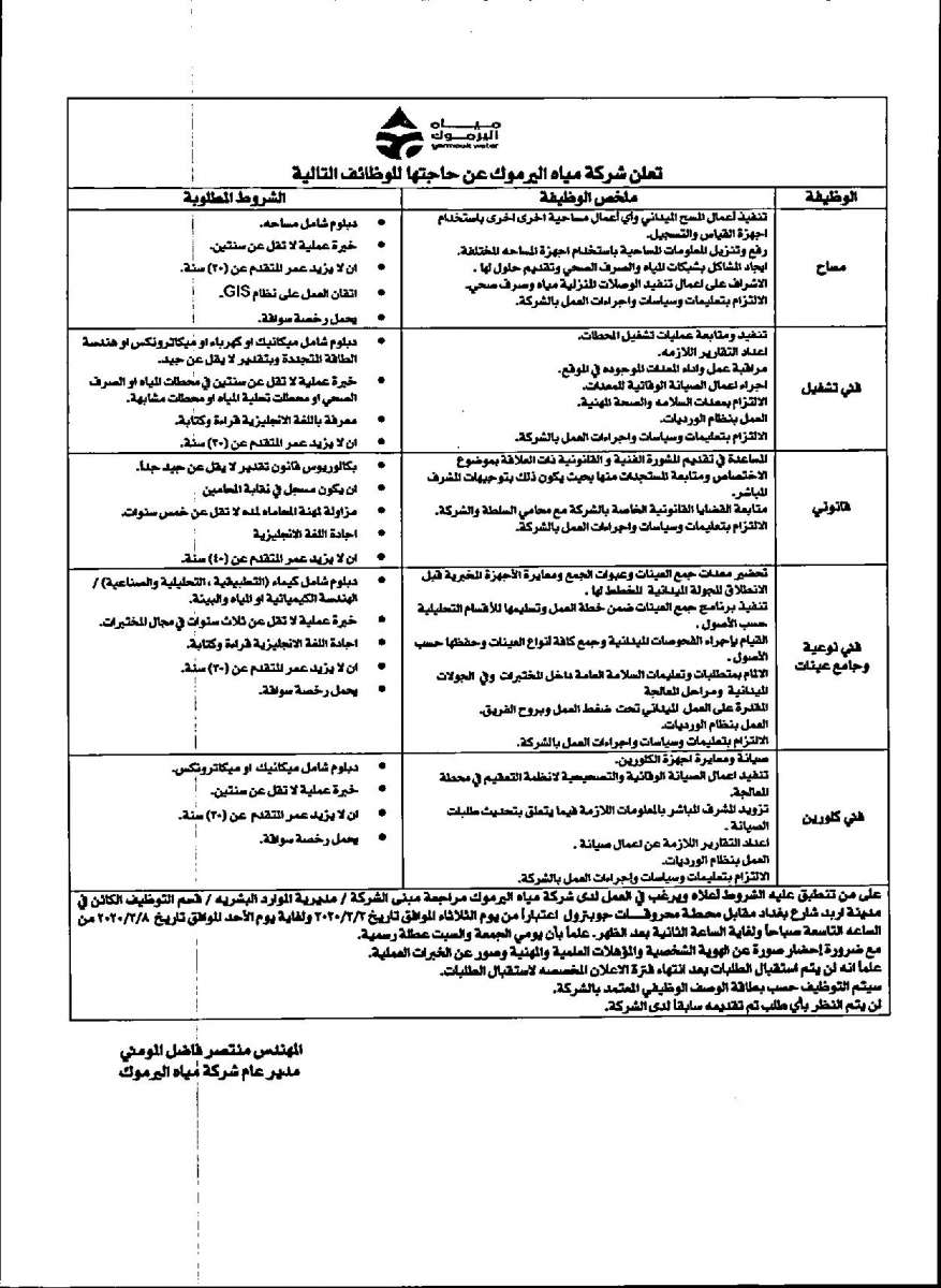 وظائف شاغرة لدى شركة مياه اليرموك في مختلف التخصصات