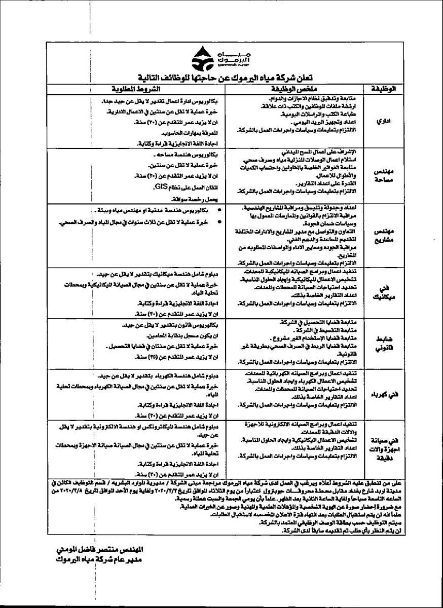 وظائف شاغرة لدى شركة مياه اليرموك في مختلف التخصصات