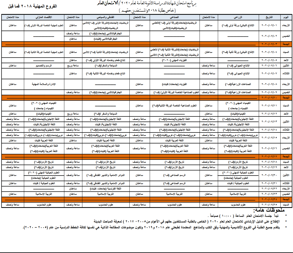 وزارة التربية تعلن برنامج امتحان التوجيهي المعتمد لسنة 2020