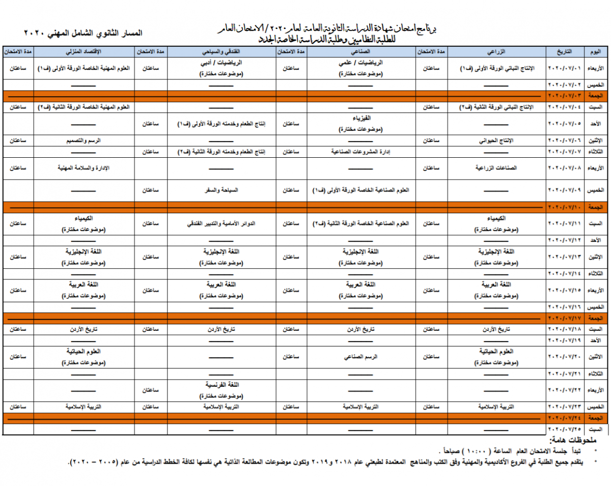 وزارة التربية تعلن برنامج امتحان التوجيهي المعتمد لسنة 2020