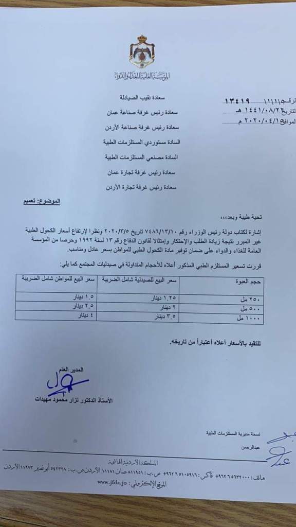 تحديد سقوف سعرية للكحول الطبي “المعقمات”