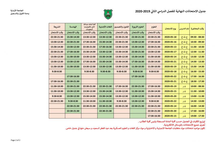 الأردنية تعلن جدول الامتحانات النهائية للفصل الثاني