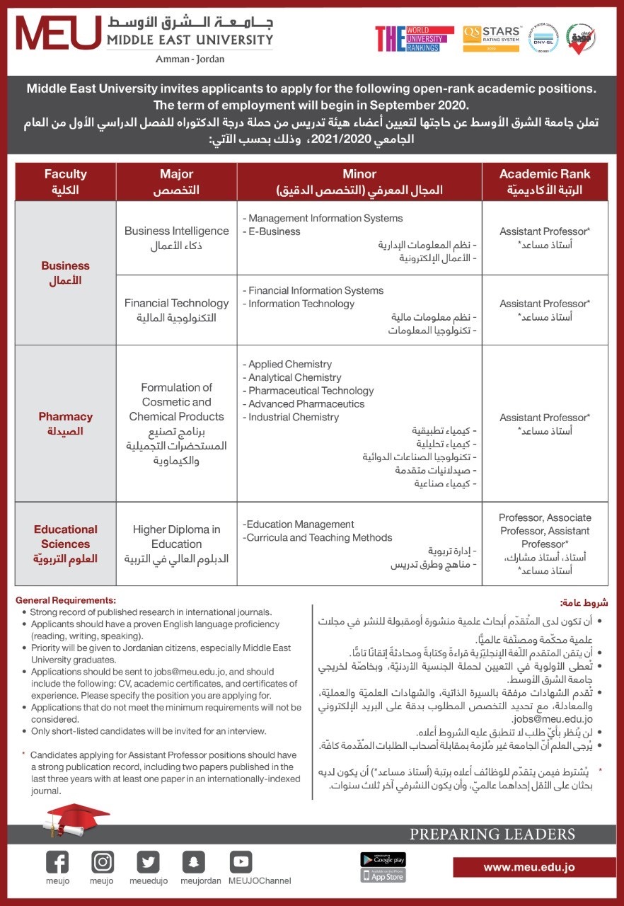  الشرق الاوسط تعلن حاجتها لتعيين أعضاء هيئة تدريس