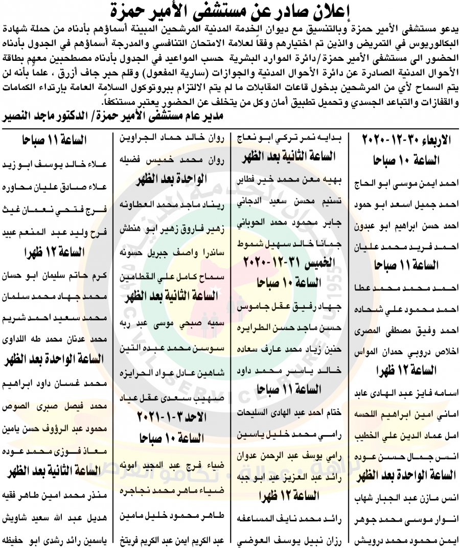 مدعوون لمقابلات شخصية في الامير حمزة  - اسماء