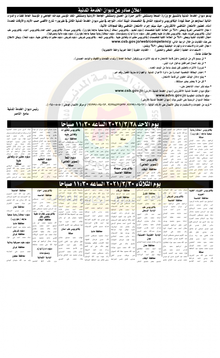 اعلان اسماء المدعوين للامتحان التنافسي لمجموعة من التخصصات ليومي الاحد والثلاثاء