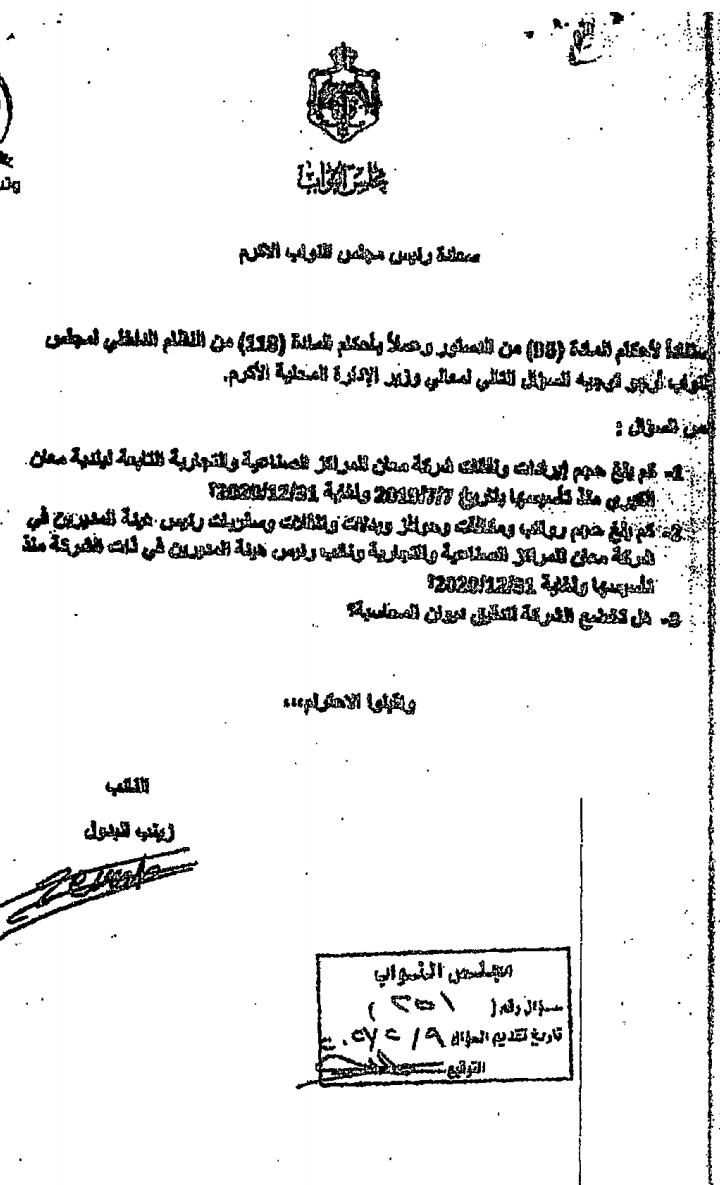 النائب البدول تفتح ملف شركة بلدية معان المدعومة من الفوسفات