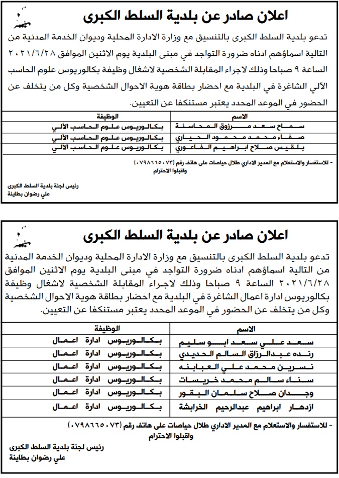 دعوة مرشحين للتعيين من عدة تخصصات للمقابلة الشخصية - اسماء