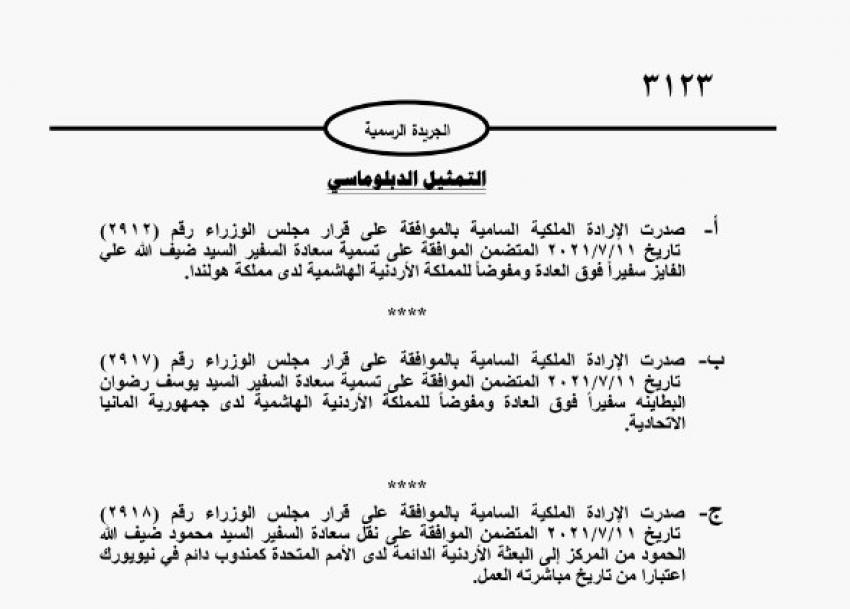 الفايز سفيراً في هولندا والبطاينة في ألمانيا والحمود مندوباً للأردن لدى الأمم المتحدة