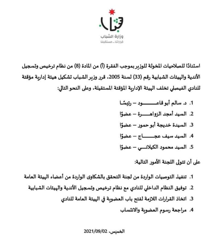 الشباب تشكل هيئة ادارية للنادي الفيصلي وتكلفها بفتح باب العضوية ومراجعة رسومها - اسماء