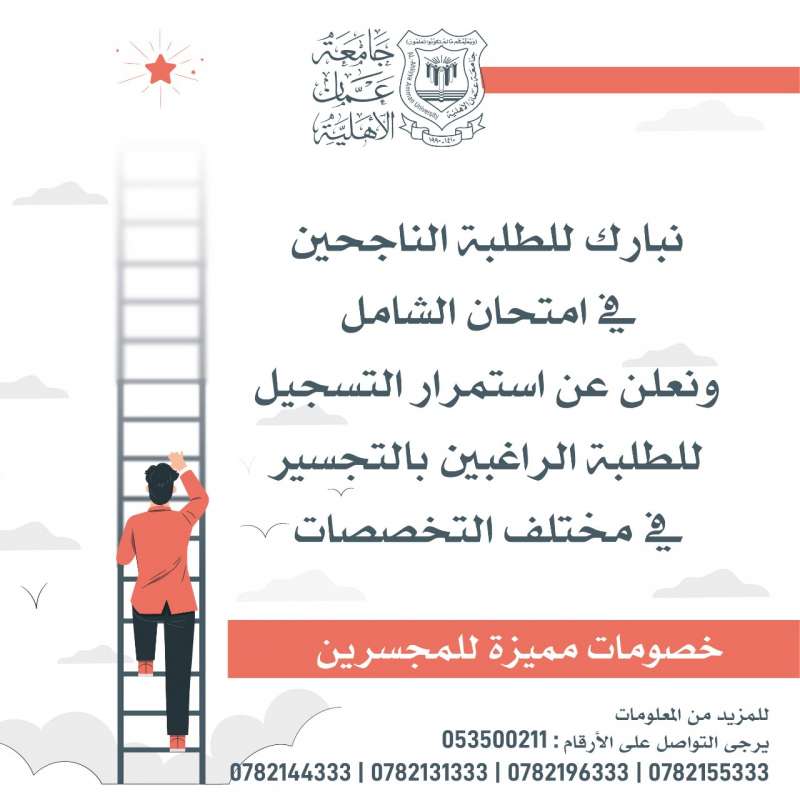 عمان الاهلية تهنئ الناجحين في الشامل 2021 وتعلن عن استمرارالتسجيل للطلبة الراغبين بالتجسير في تخصصاتها المتميزة