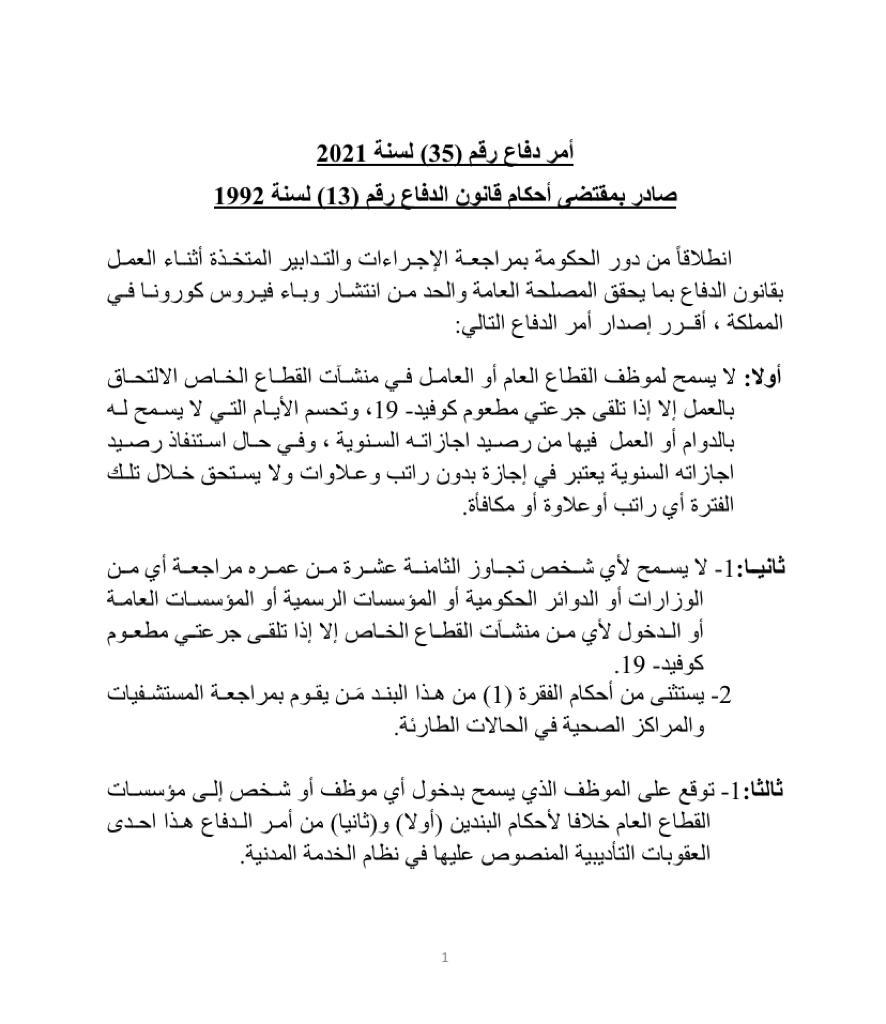 الخصاونة يصدر امر الدفاع (35): منع دخول منشآت القطاعين العام والخاص لغير المطعمين