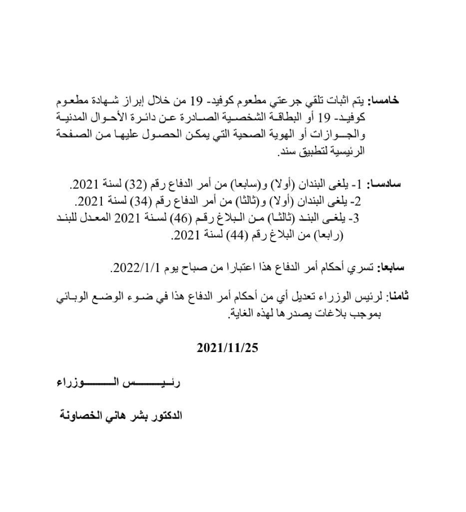 الخصاونة يصدر امر الدفاع (35): منع دخول منشآت القطاعين العام والخاص لغير المطعمين