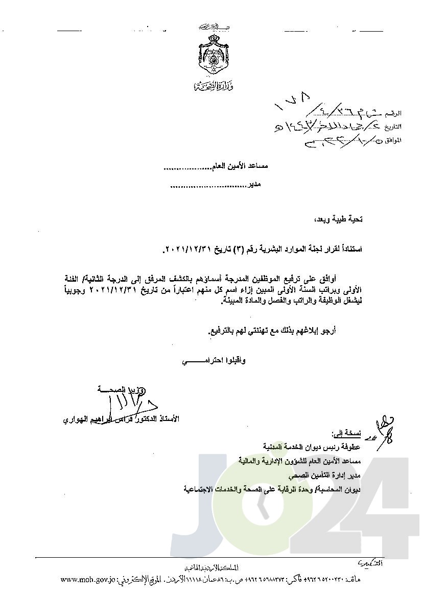 الاردن24 تنشر قائمة الترفيعات الوجوبية في الصحة - اسماء