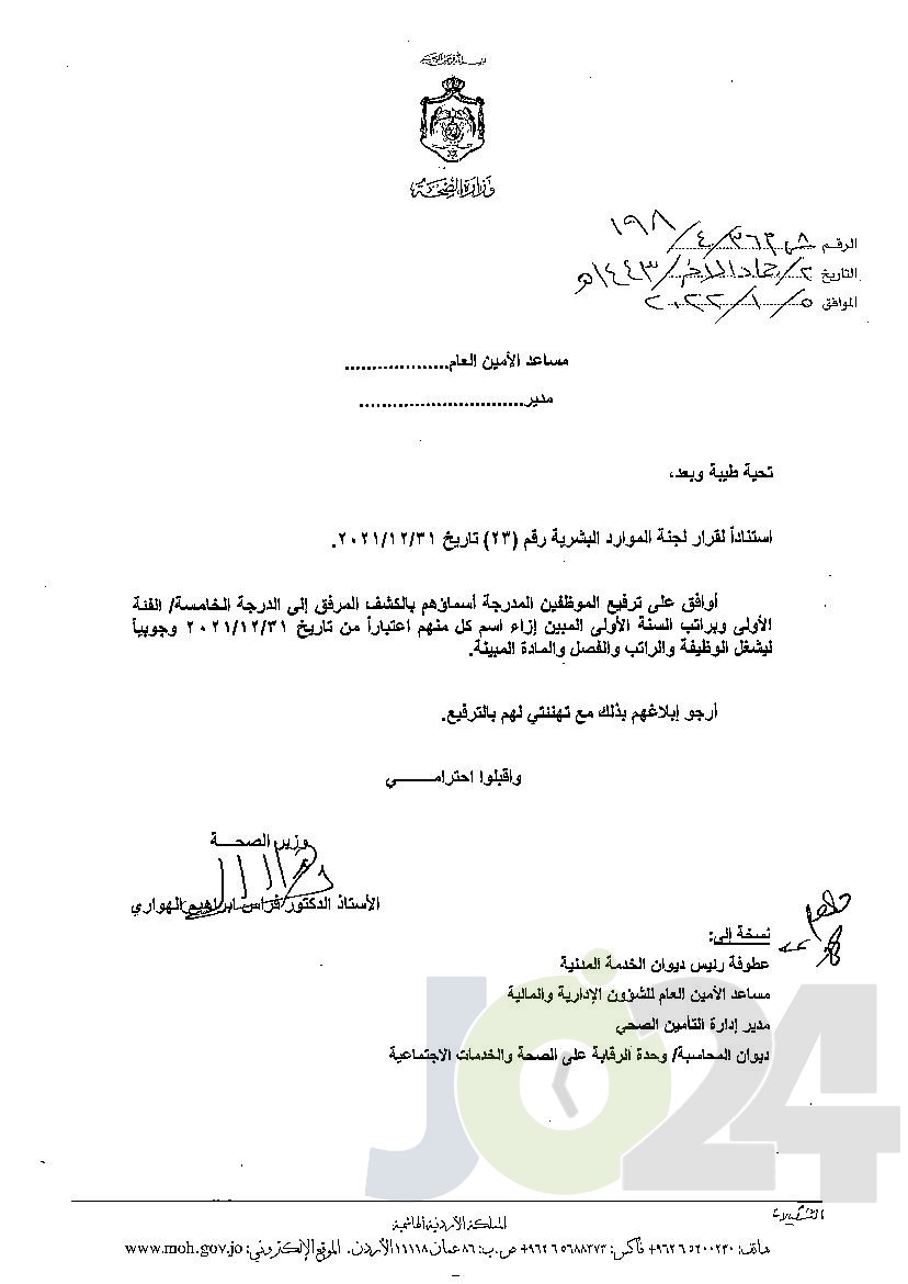 الاردن24 تنشر قائمة الترفيعات الوجوبية في الصحة - اسماء