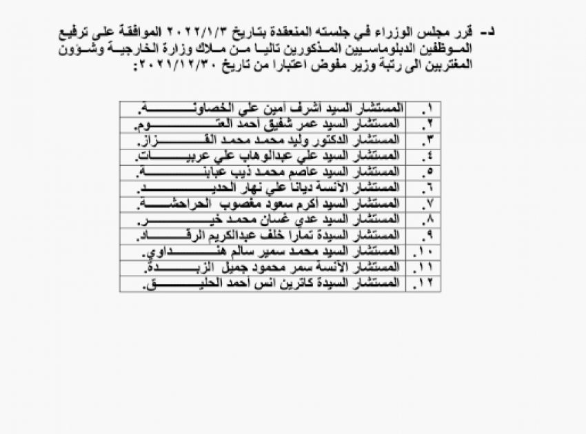 ترفيع دبلوماسيين في الخارجية إلى رتبة وزير مفوض (اسماء)