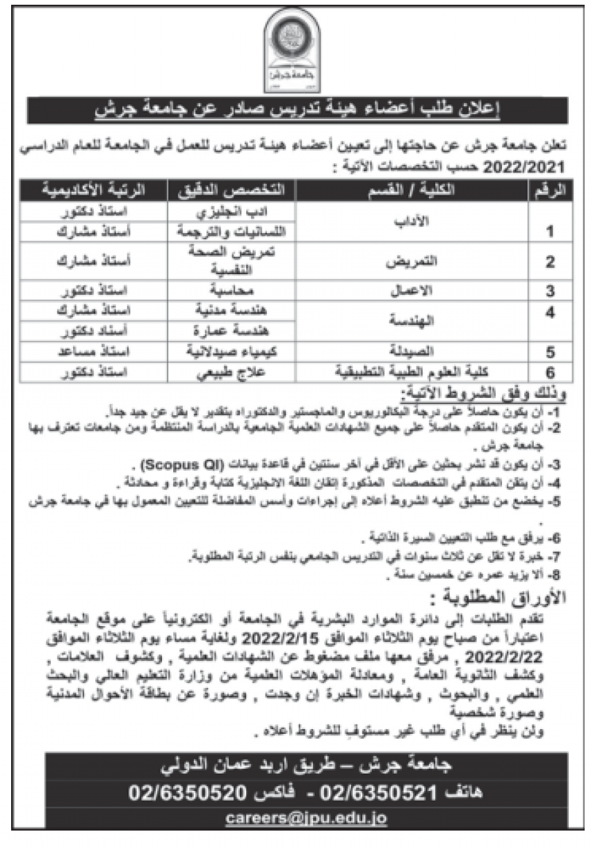 جامعة جرش بحاجة لتعيين اعضاء هيئة تدريسية