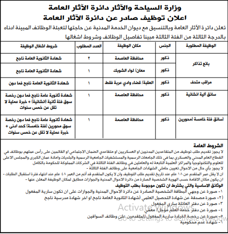 وظائف شاغرة في دائرة الاثار العامة