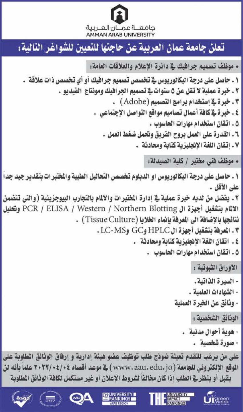 وظائف شاغرة لدى جامعة عمان العربية