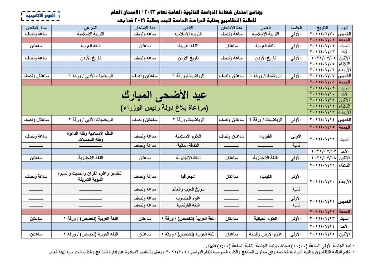 التربية تنشر برنامج امتحانات التوجيهي للدورة الصيفية