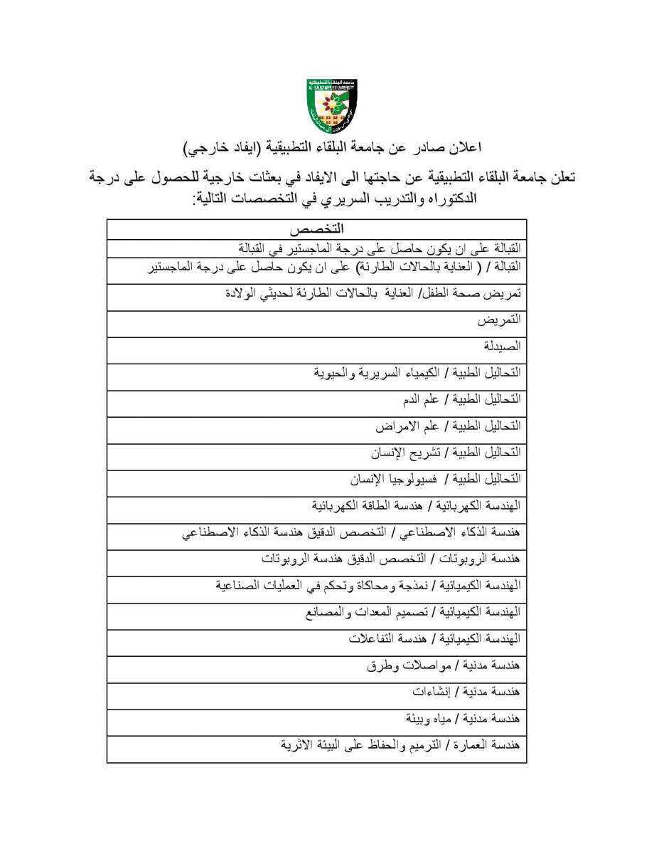 تعلن جامعة البلقاء التطبيقية عن حاجتها الى الايفاد في بعثات خارجية