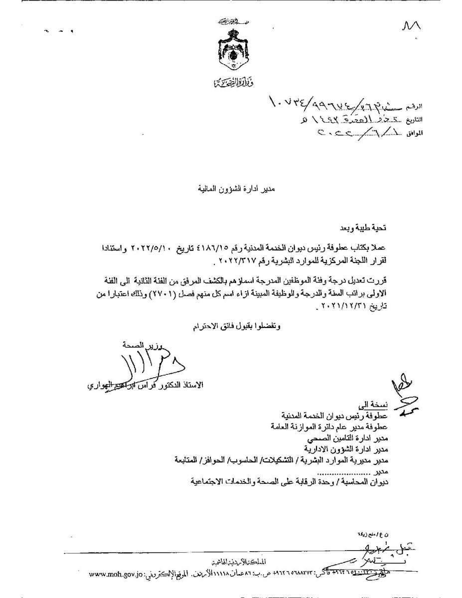 تعديل درجات موظفين وأطباء في وزارة الصحة - اسماء 