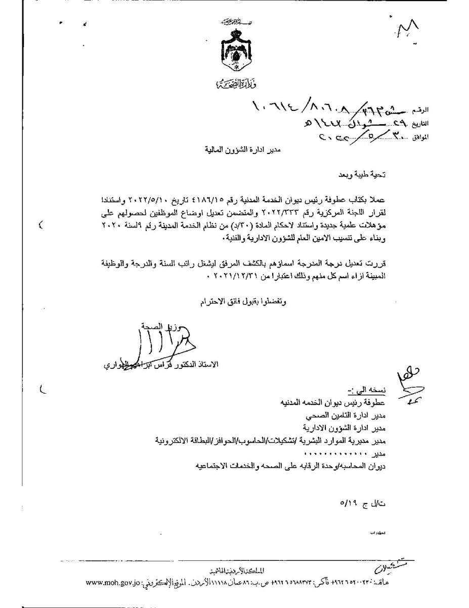 تعديل درجات موظفين وأطباء في وزارة الصحة - اسماء 