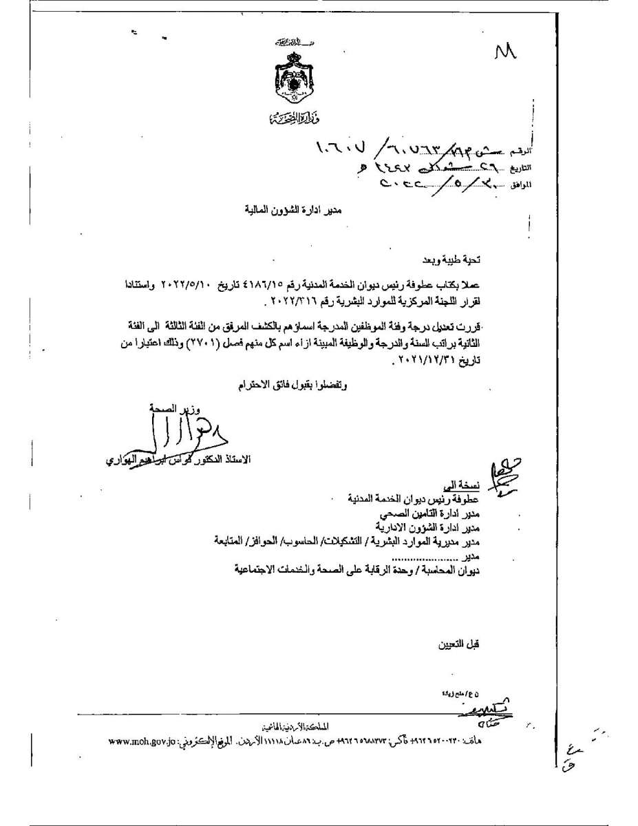 تعديل درجات موظفين وأطباء في وزارة الصحة - اسماء 