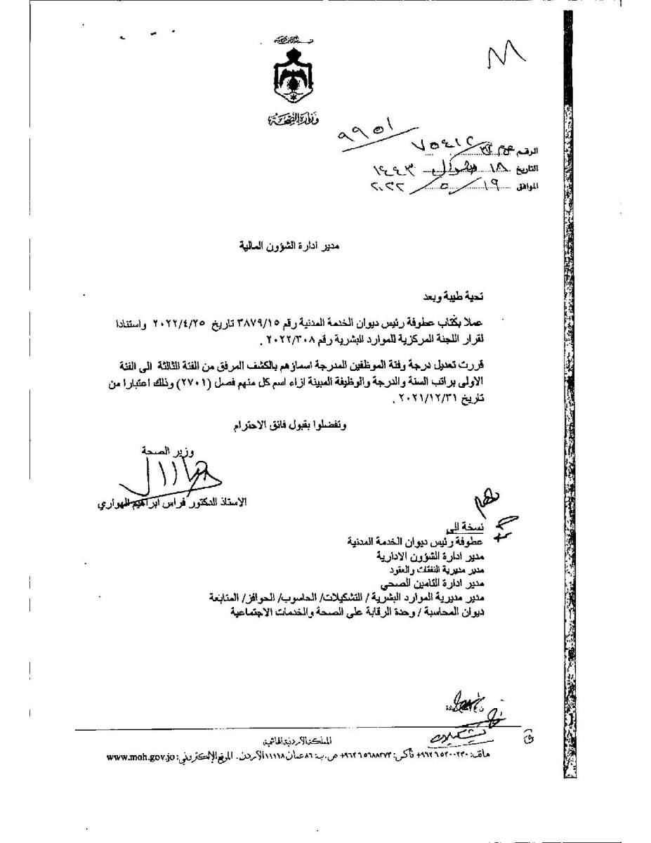 تعديل درجات موظفين وأطباء في وزارة الصحة - اسماء 