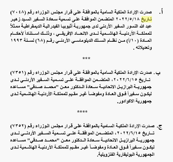 إرادة ملكية بتسمية سفراء للأردن في الخارج (أسماء)