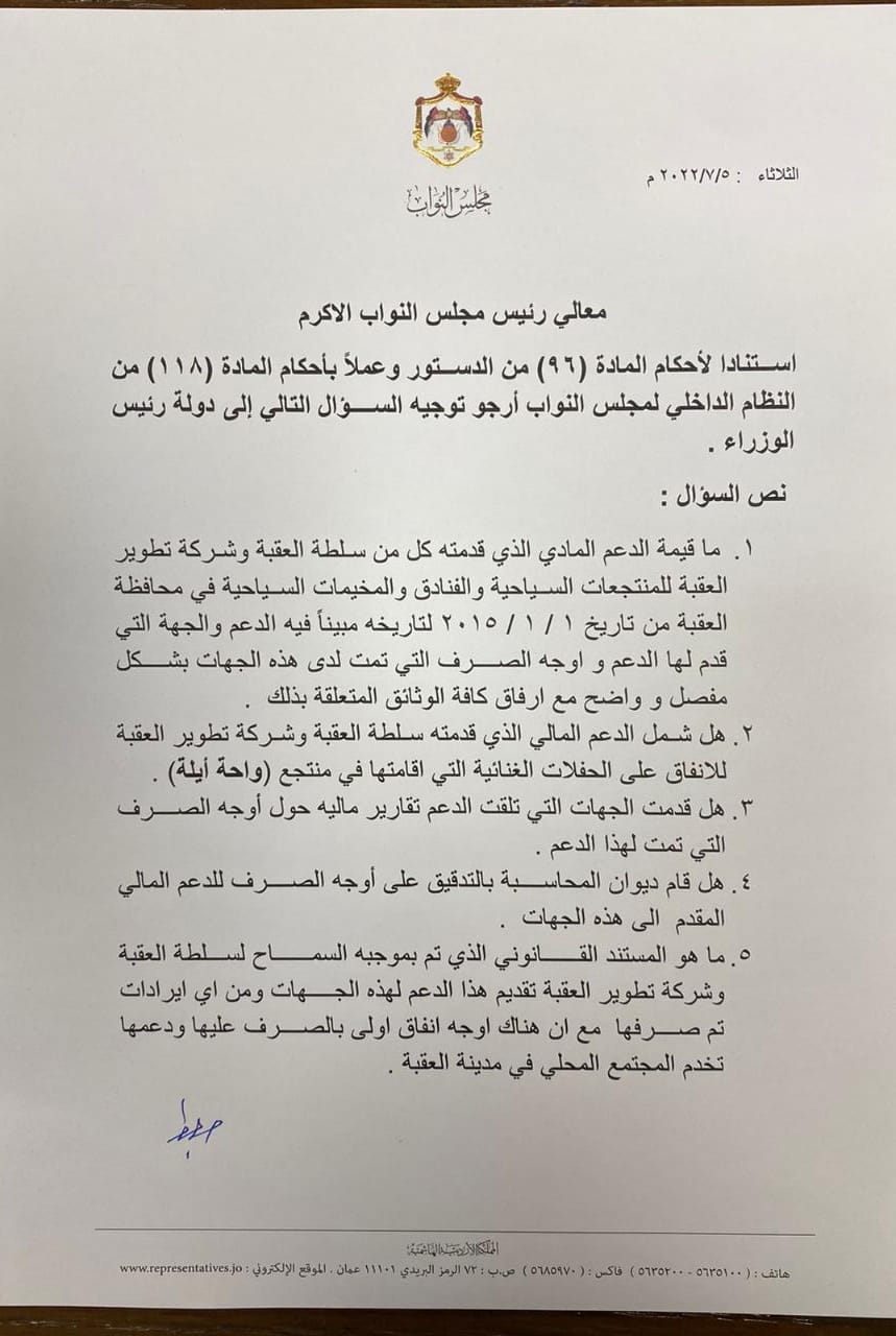 العرموطي يسأل عن اموال تصرفها سلطة العقبة وشركة تطوير العقبة، وعلاقتها بالحفلات الغنائية