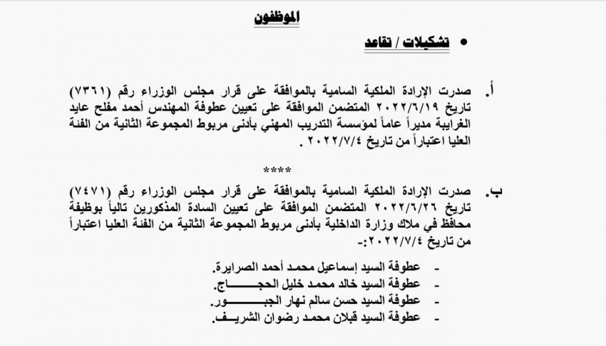 إرادات ملكية بالغرايبة والصرايرة والحجاج والجبور والشريف